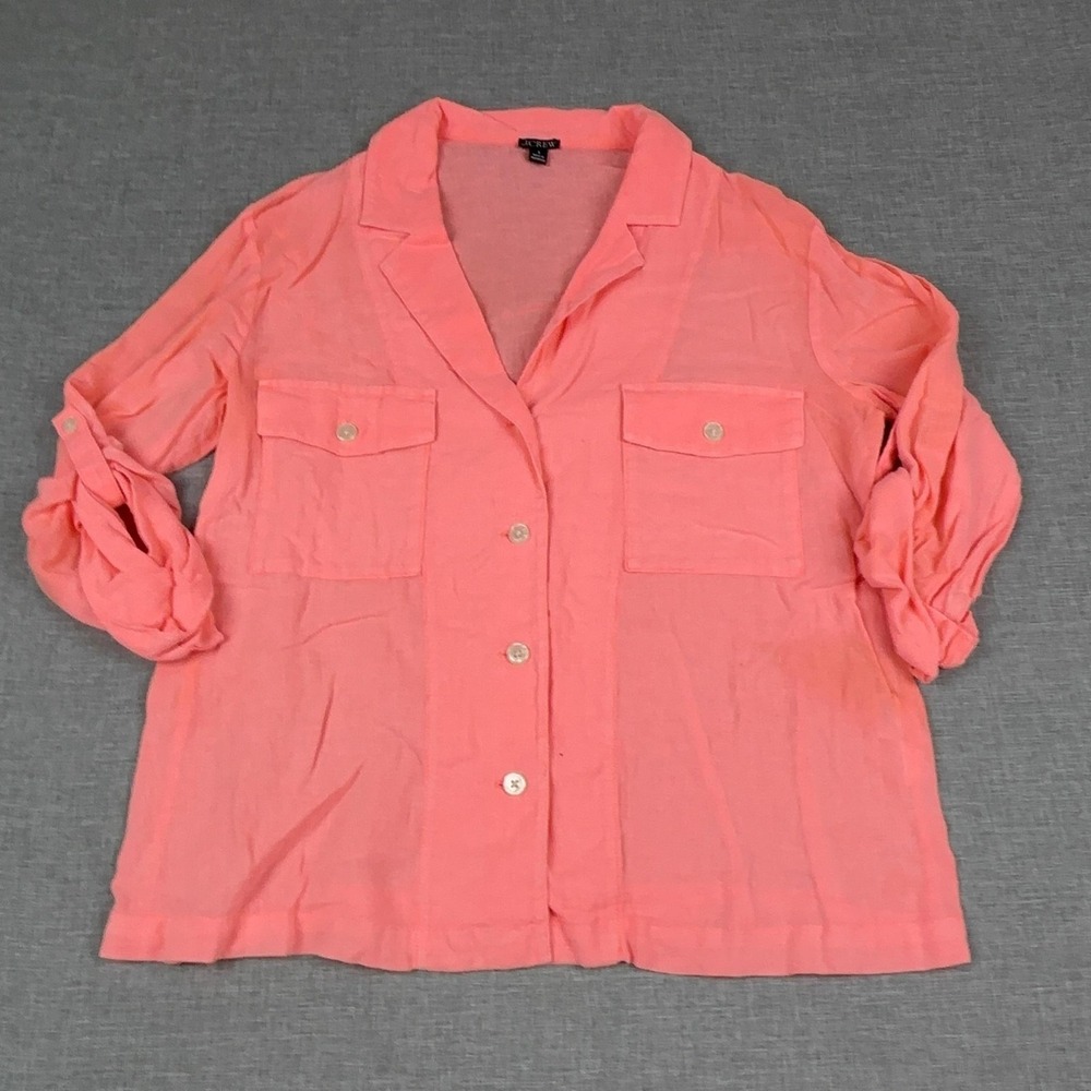J.CREW Shirt Womens 8 Pink Collared Long Roll Tab Sleeve Button-Up Linen Top